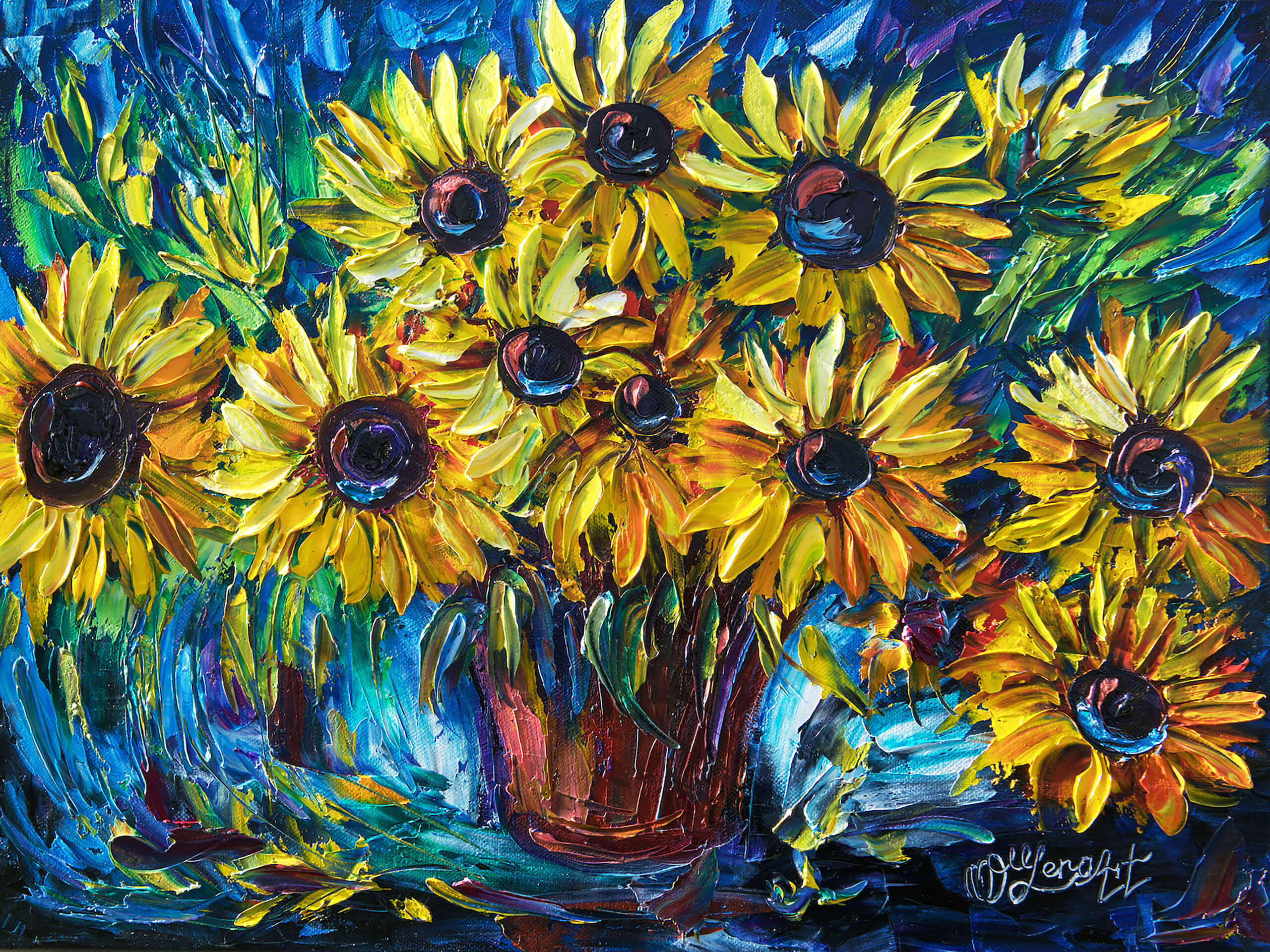 SUNFLOWERS — Palette knife by Lena Owens @OLena Art “The sunflower is mine, in a way.” 
― Vincent van Gogh
Another one and as you know – sunflowers – one of my favorite subject. I painting few similar Countryside Sunflowers, and each turned unique and different. 
by Lena Owens, Copyright OLena Art. 
“Art evokes the mystery without which the world would not exist”. – Rene Magritte
PRINT DETAILS 
- Giclee prints are high-resolution digital prints that meticulously capture the rich color and subtle texture of original art. 
- Only archival inks and acid-free materials are used to ensure your print lasts a lifetime without fading. 
- Made to order by pixels, redbubble, society6 or olenaart.me
RISK-FREE RETURNS 
- If you don’t love it, return it in 30 days for a full refund.
PRINT OPTIONS 
- Available in multiple sizes and materials to perfectly suit your space. 
- Optional custom framing services save you time and hassle. 
- Framed &amp; mounted prints arrive “ready-to-hang” with pre-attached hanging wire, hooks and nails.
ORDERS &amp; SHIPPING 
- Ready to ship in 3-4 business days. 
- Shipped worldwide. 
One of the things that makes me inspired is an example of many artists I follow and trying to learn, who are using traditional palette knife technique: Leonid Afremov, Lyudmila Agrich, Maya Eventov, Mona Edulesco, Jessilyn Park! All of them are great example, how to use bright, bold application of thick paint layers! Way to go!
sunflower, pink, red, nature, floral, spring, country, flowers, summer, garden, fragile, bright, original, artwork, palette, knife, oil, painting, painting, on, canvas, yellow, color, bright, colors, thick, impasto, thick, paint, layers, lena, owens, art, olena, art, painting, knife painting, oil painging, palette knife, original artowrk, thick paint layers, lena owens, olena art, sunflowers, original painting, floral, colourful, home decor, colorado artist, contemporary, modern art, fine art, sunflower pink red nature floral spr